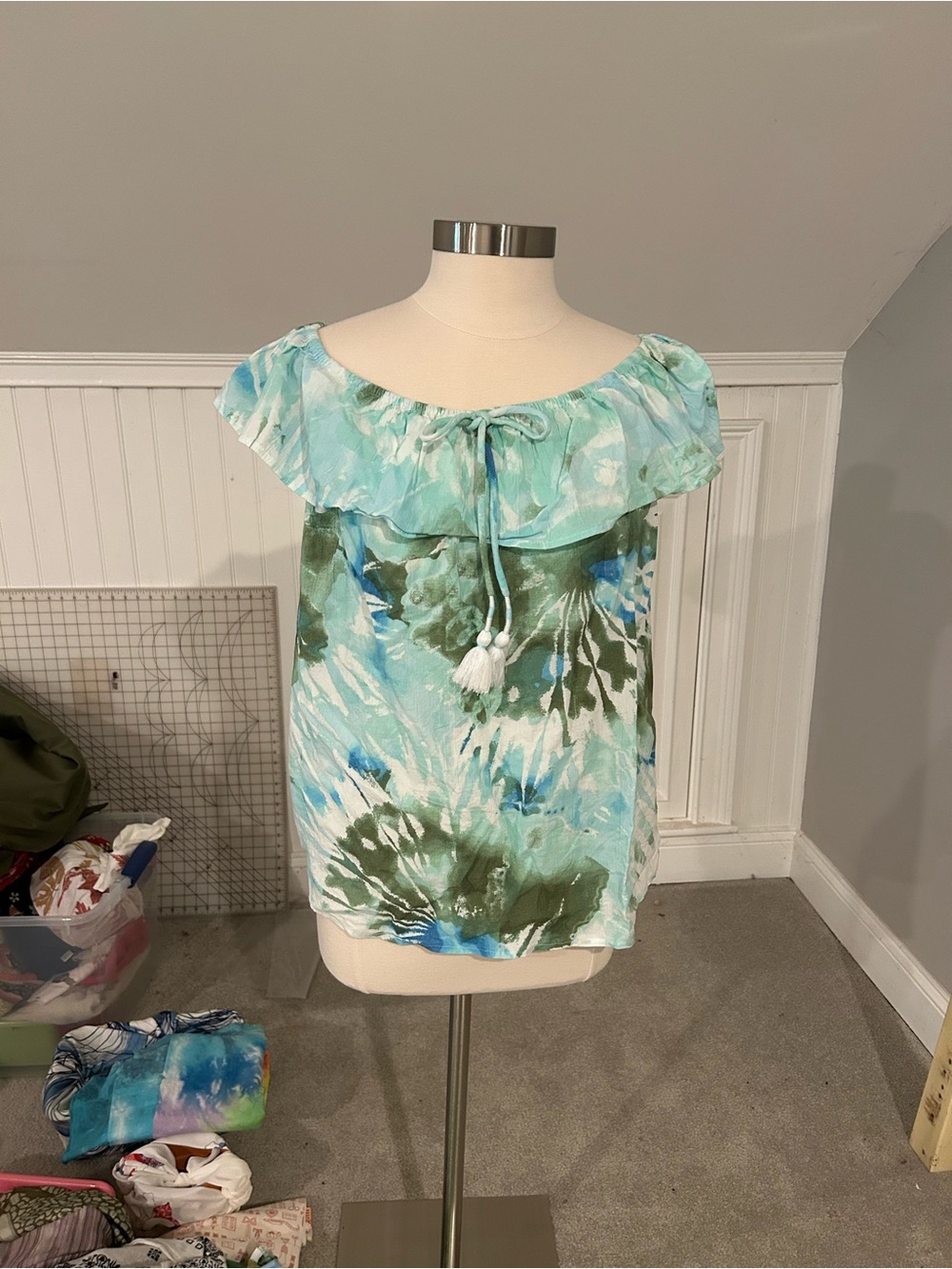 Style & Co. Aqua Green Floral Off-Shoulder Tie-Front Blouse